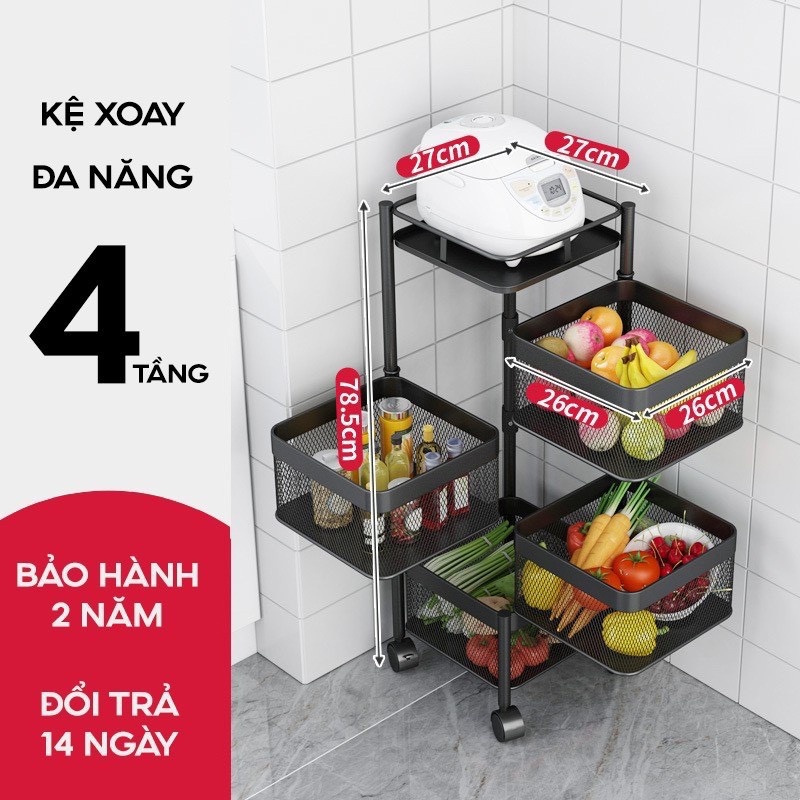 🆓 Kệ Đa Năng  Kệ Sắt Vuông Xoay - 4 TẦNG - Chất Liệu Thép Không Gỉ Có Bánh Xe Di Chuyển Hàng Xuất Khẩu