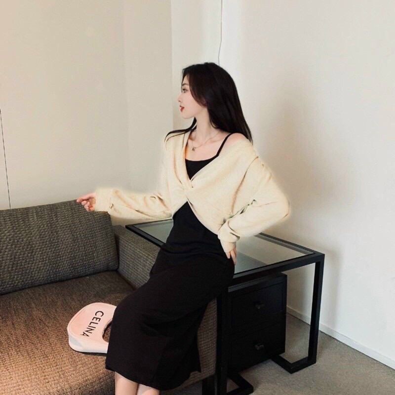 Set Đầm 2 Dây Kèm Áo Xoắn Ngực - Kèm Hình Thật