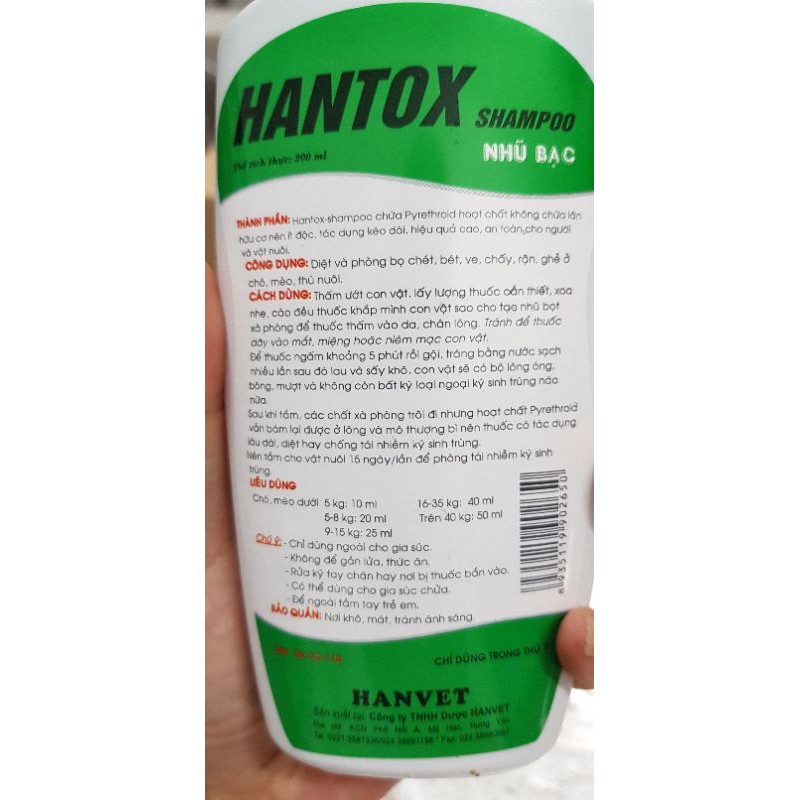 sữa tắm chó mèo hantox shampoo nhũ bạc xanh diệt rận tốt