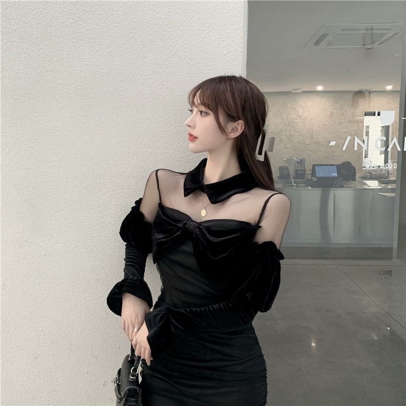 Đầm Nhung Đen Tay Dài Cổ Vuông Dáng Ôm Thời Trang Quyến Rũ Cho Nữ
