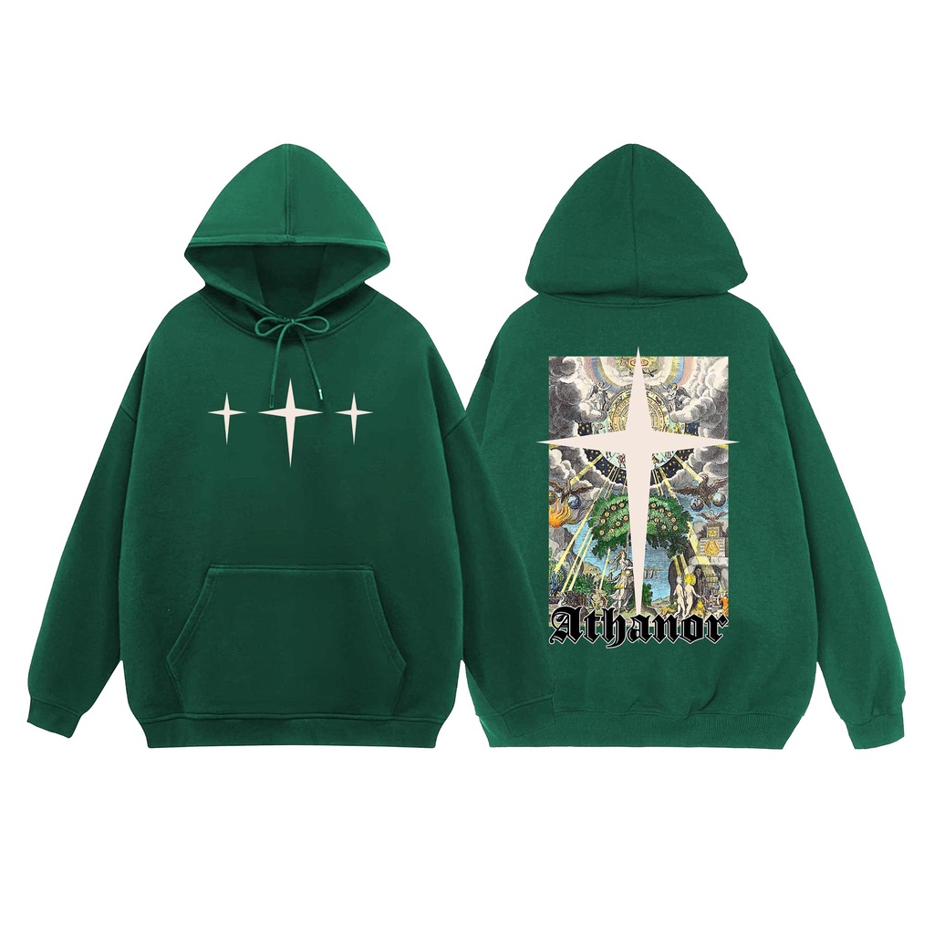 Áo hoodie local brand ATHANOR chất nỉ bông 100% cotton premium form rộng tay bồng mẫu orbit màu đen và xanh lá