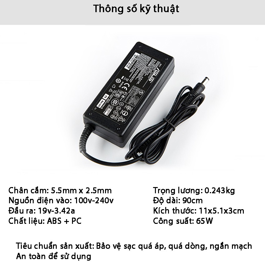 Sạc laptop asus 19v-3.42a 65W ( Adapter laptop Asus + Dây Nguồn)