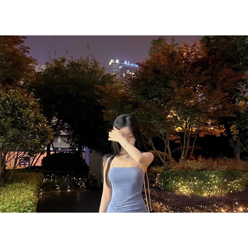 Đầm Hai Dây Co Giãn Màu Xanh Dương Mùa Hè Phong Cách Mới 2022