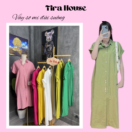 Váy sơ mi đũi suông dáng dài, đầm bầu công sở suông nữ form rộng tay hến gập nhiều màu - Tirahouse