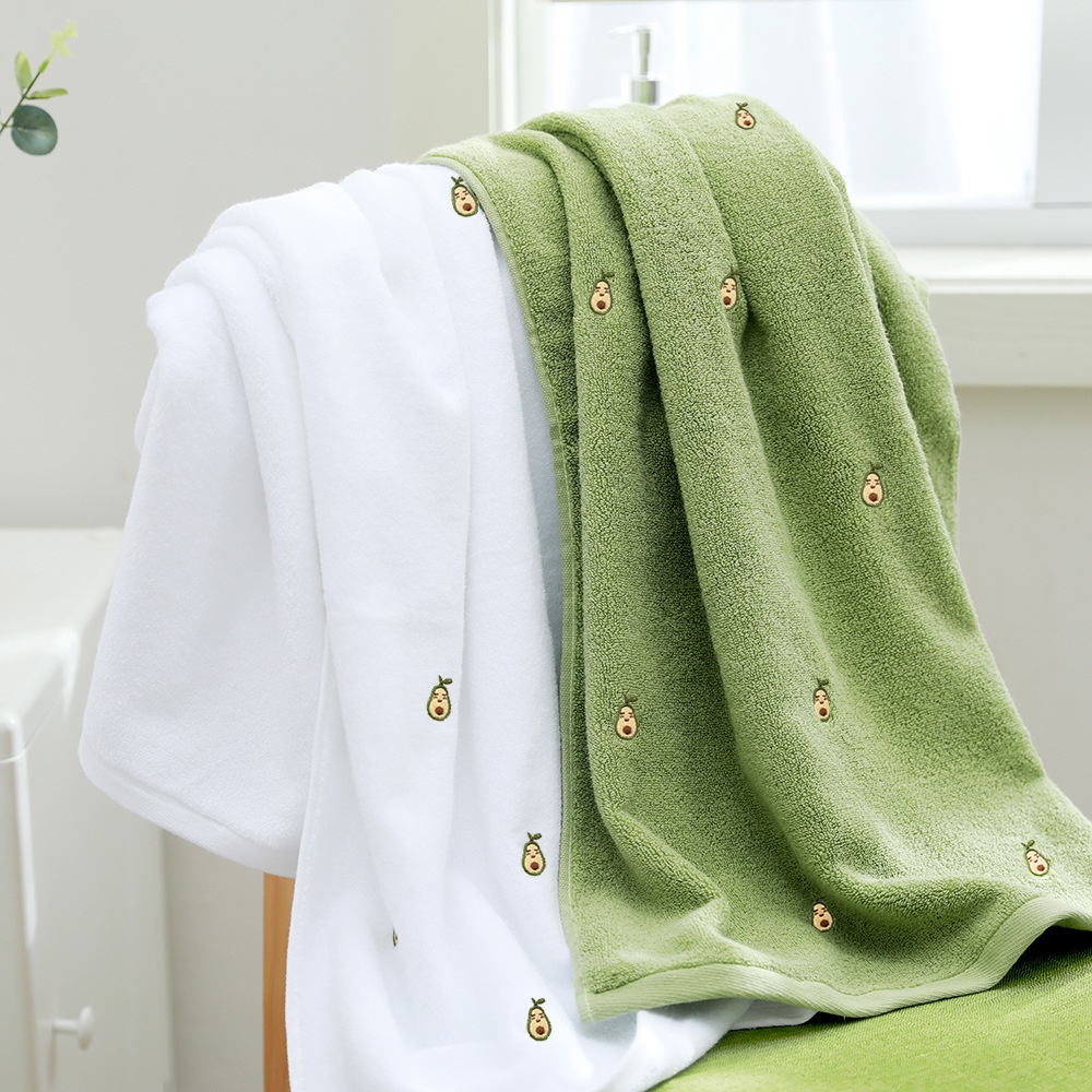 Khăn Tắm Cotton Siêu Mềm Dày Dặn Nhanh Khô Thêu Họa Tiết Quả Bơ Màu Trắng / Xanh Lá Dành Cho Người Lớn Và Trẻ Em