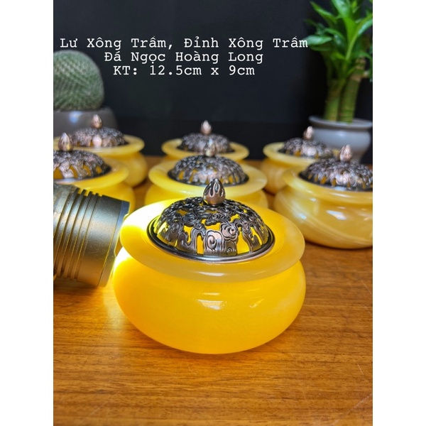 Lư Xông Trầm Đá Ngọc Hoàng Long Size To - Đá Ngọc Xanh Pakistan Nắp Bằng Đồng