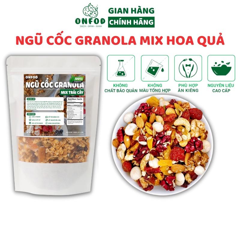 Ngũ cốc granola ONFOD siêu hạt mix hoa quả trái cây ăn kiêng giảm cân thêm macca, óc chó đỏ, dâu tây 500g