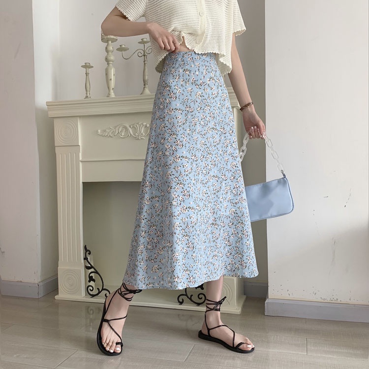 SUXI Chân Váy Midi Lưng Cao Dáng Chữ A Hoạ Tiết Hoa Thiết Kế Đơn Giản Thanh Lịch