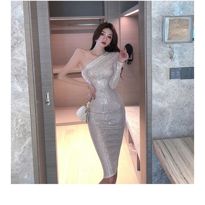 Đầm body lệch vai đính lấp lánh, váy ôm nữ gợi cảm