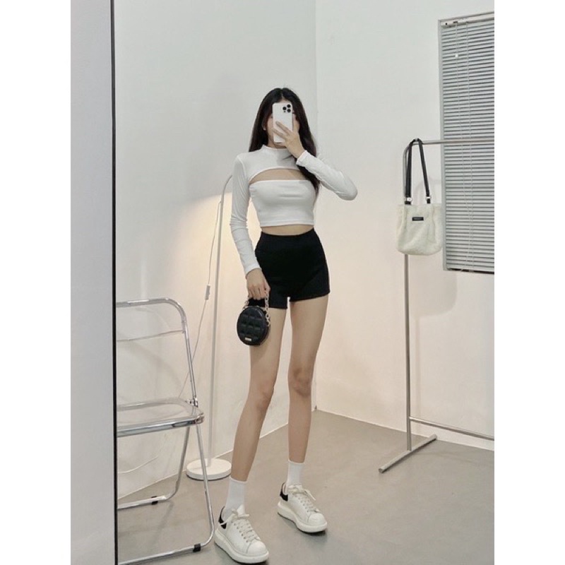 Áo Croptop Tay Dài Khoét Ngực Chất  Form Chuẩn Ôm Body 2 Màu Hot Hit Ulzzang