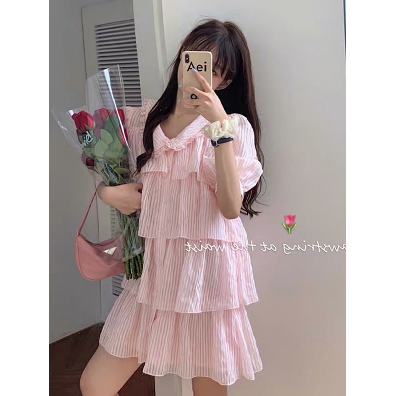 Đầm sơ mi tầng kẻ sọc màu hồng Ulzzang Hàn Quốc ẢNH THẬT CUỐI