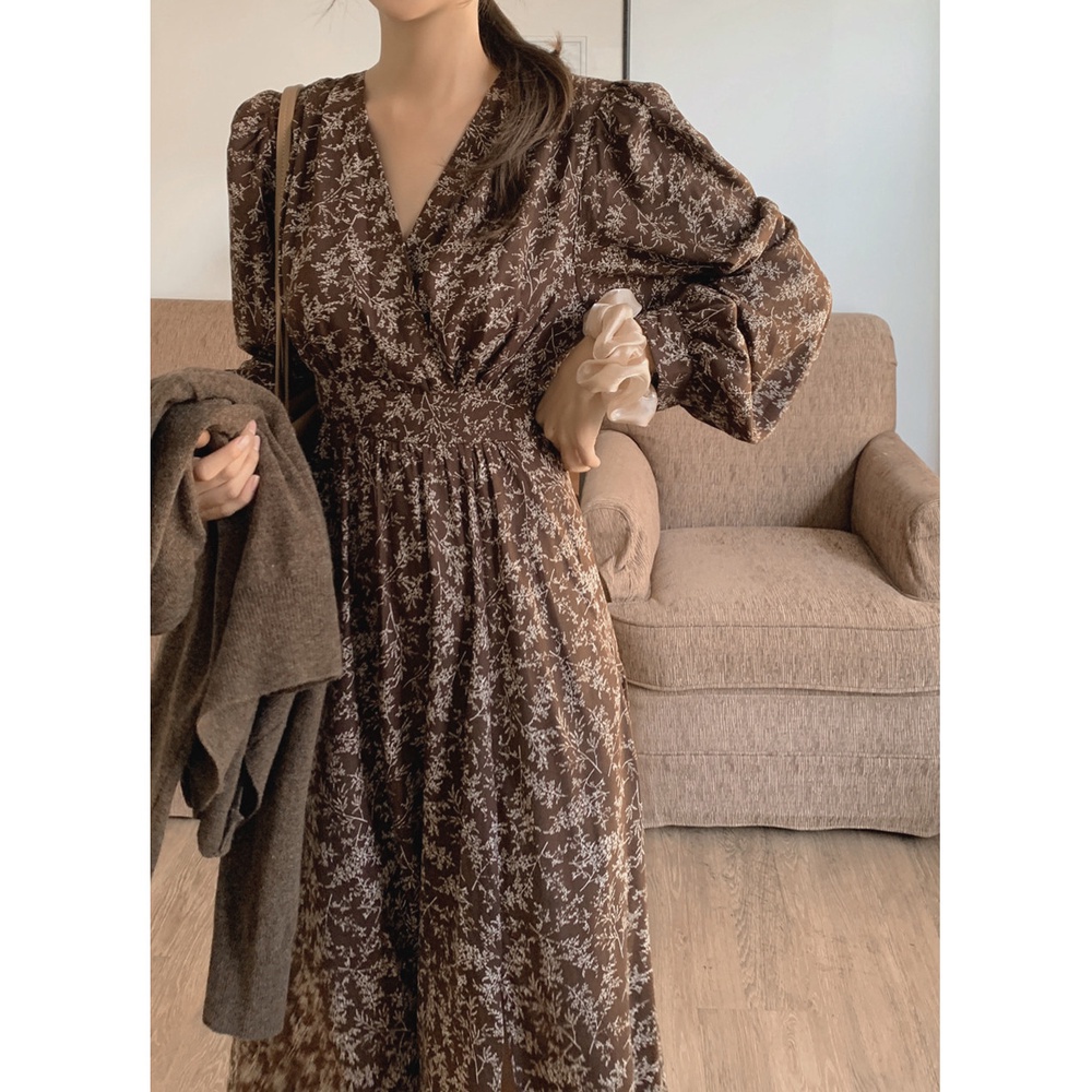 Đầm tay dài cổ chữ v họa tiết hoa phong cách retro 46676