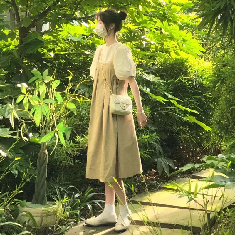 Set Áo Sơ Mi Tay Phồng + Đầm Yếm Dáng Rộng Dễ Thương Phong Cách Hàn Quốc Cho Nữ