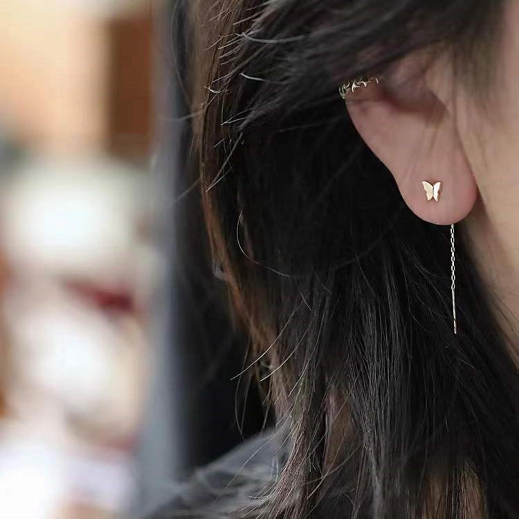 Khuyên tai KT01 LETIS hợp kim màu bạc, bông tai nữ dạng dây dài hình bướm cá tính
