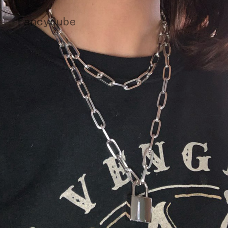 Vòng cổ chuỗi xích kép có khóa phong cách punk cá tính