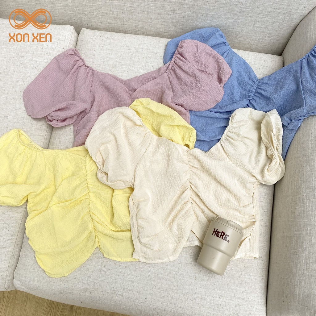 Áo kiểu nữ cổ tim vải xốp thoáng  nhíu ngực XONXEN SHOP freesize mã 7009