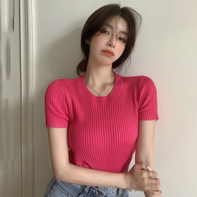 Áo Thun Dệt Kim Tay Ngắn Cổ Tròn Dáng Ôm Thời Trang Cho Nữ