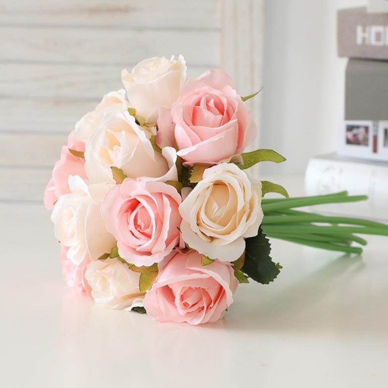 Đóa hoa hồng 12 bông Cao Cấp loại 1 xuất Âu - hoa giả làm từ nhựa và vải xịn - T7S27.4-2019