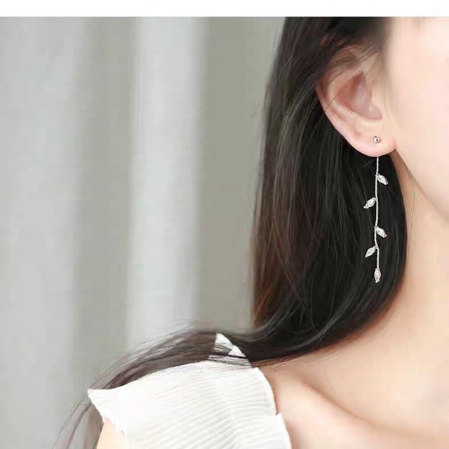 Khuyên tai treo lá oliu mảnh mai bạc chuẩn mẫu vàng trắng (xi kim)