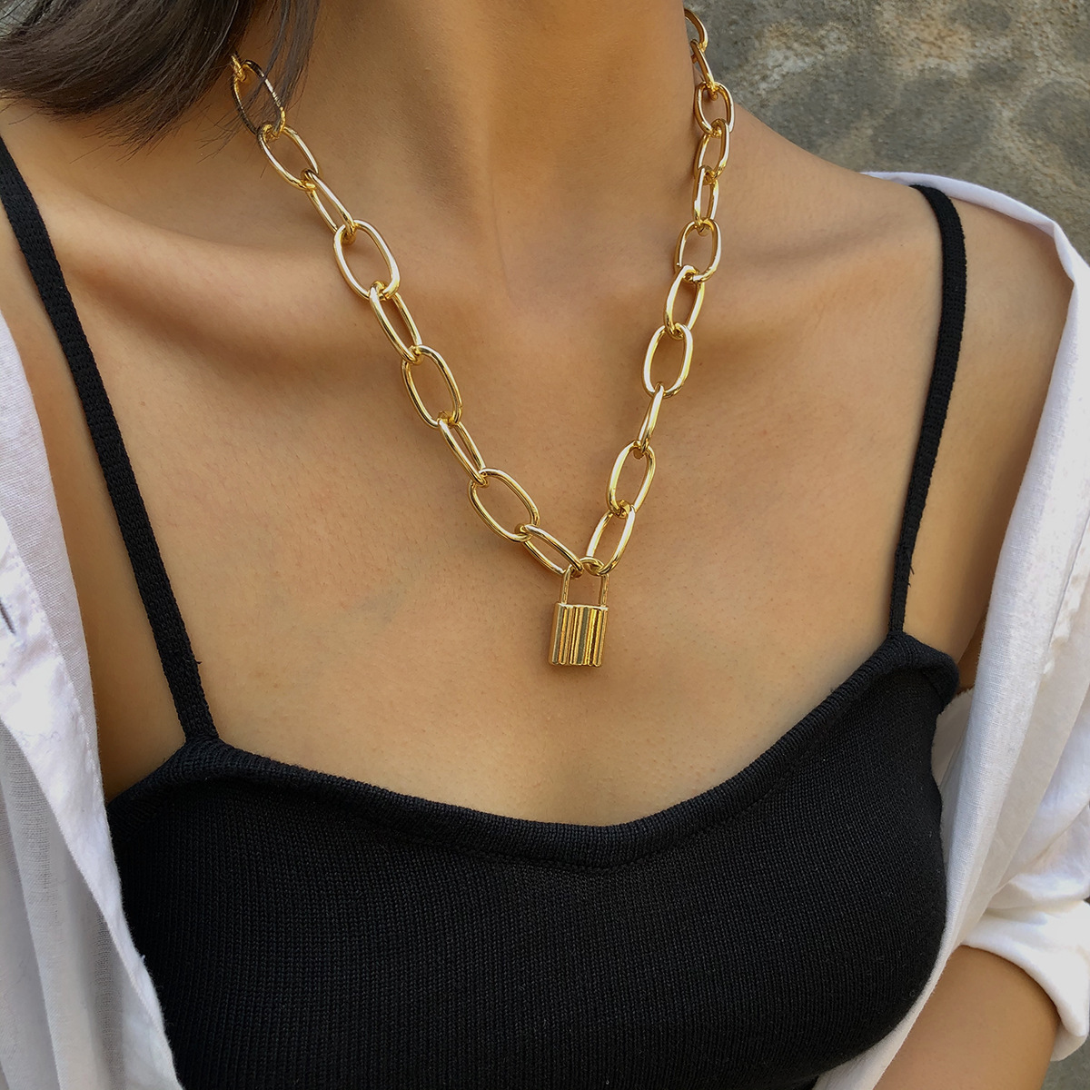 Vòng Cổ Choker Mặt Ổ Khóa Màu Bạc/ Vàng Phong Cách Hàn Quốc