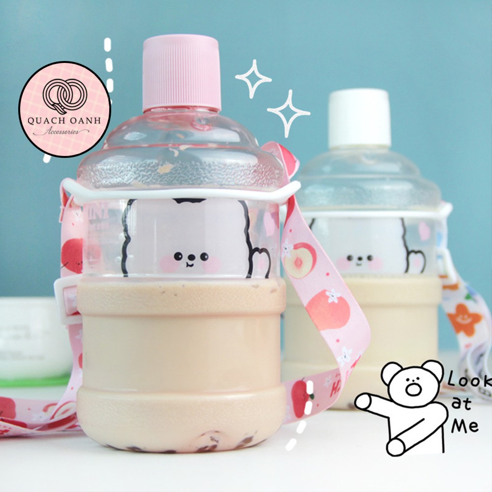 Bình đựng nước chai nước nhựa sứ hình gấu quai đeo 630ml dễ thương phong cách hàn quốc – BN15