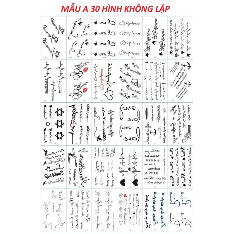 Set 20,30 tấm săm dán mẫu chữ nhiều hình khác nhau
