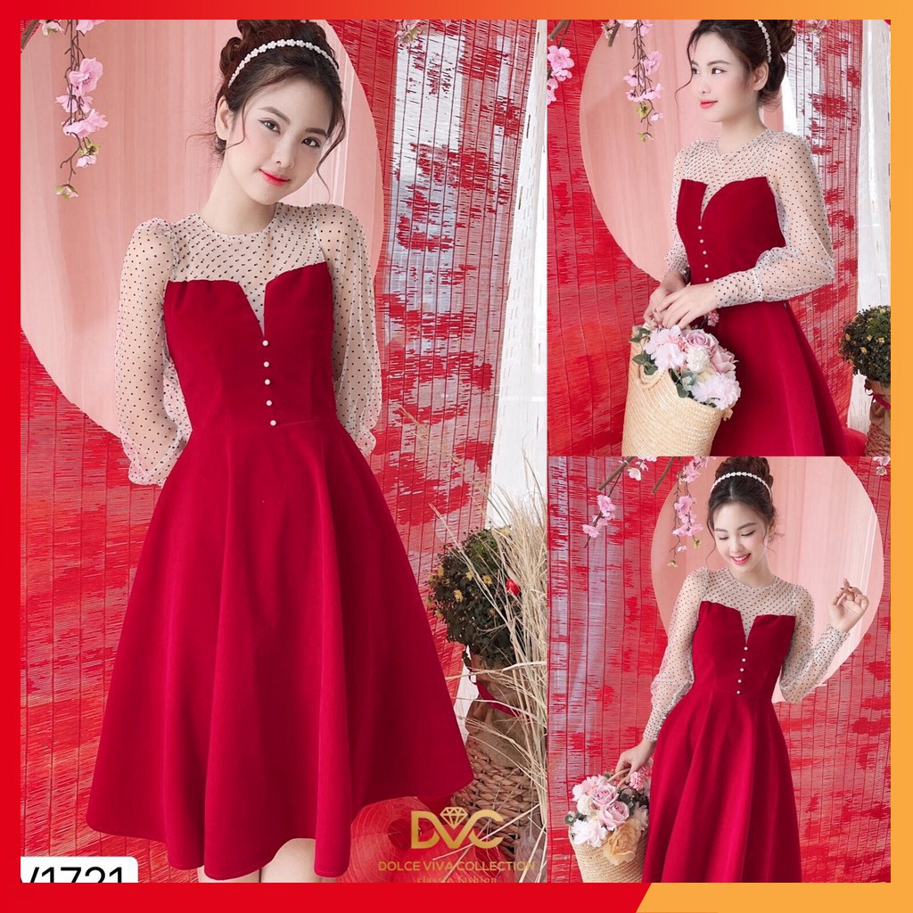 Váy nhung đỏ tay phối ren V1721 - DVC Dolce Viva Colection Authentic ( Ảnh mẫu và ảnh trải sàn do shop tự chụp )