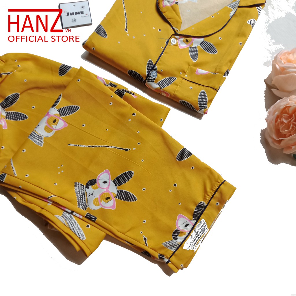 Bộ ngủ pijama lụa kate thái áo dài quần dài bộ mặc nhà Hanz.vn mềm mại dễ thương H 1 VÀNG THỎ KÍNH nhỏ