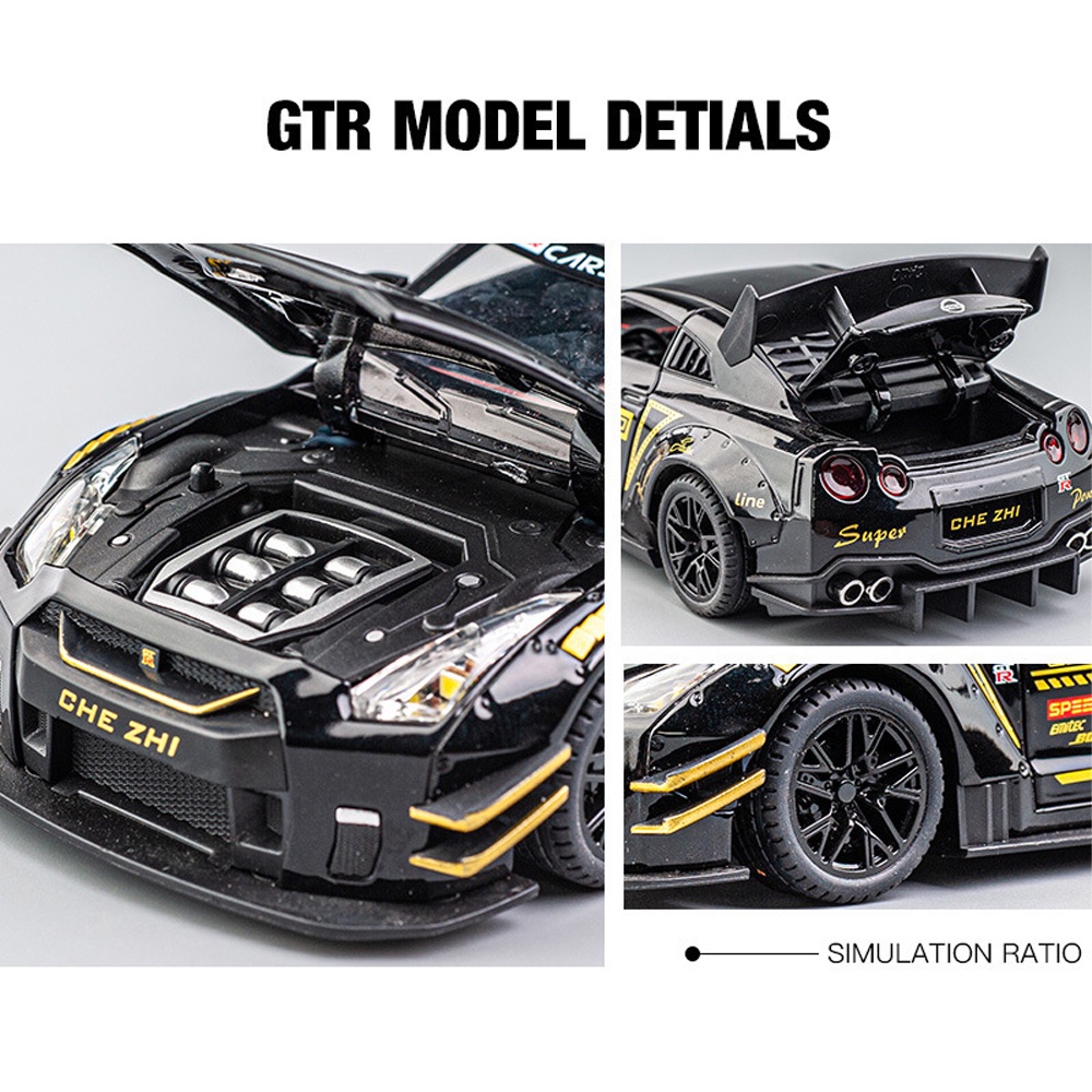 Mô hình xe ô tô NISSAN GTR 1:24 thân hợp kim nguyên khối lốp cao su, mở full cửa có đèn âm thanh mô phỏng, cót chạy đà