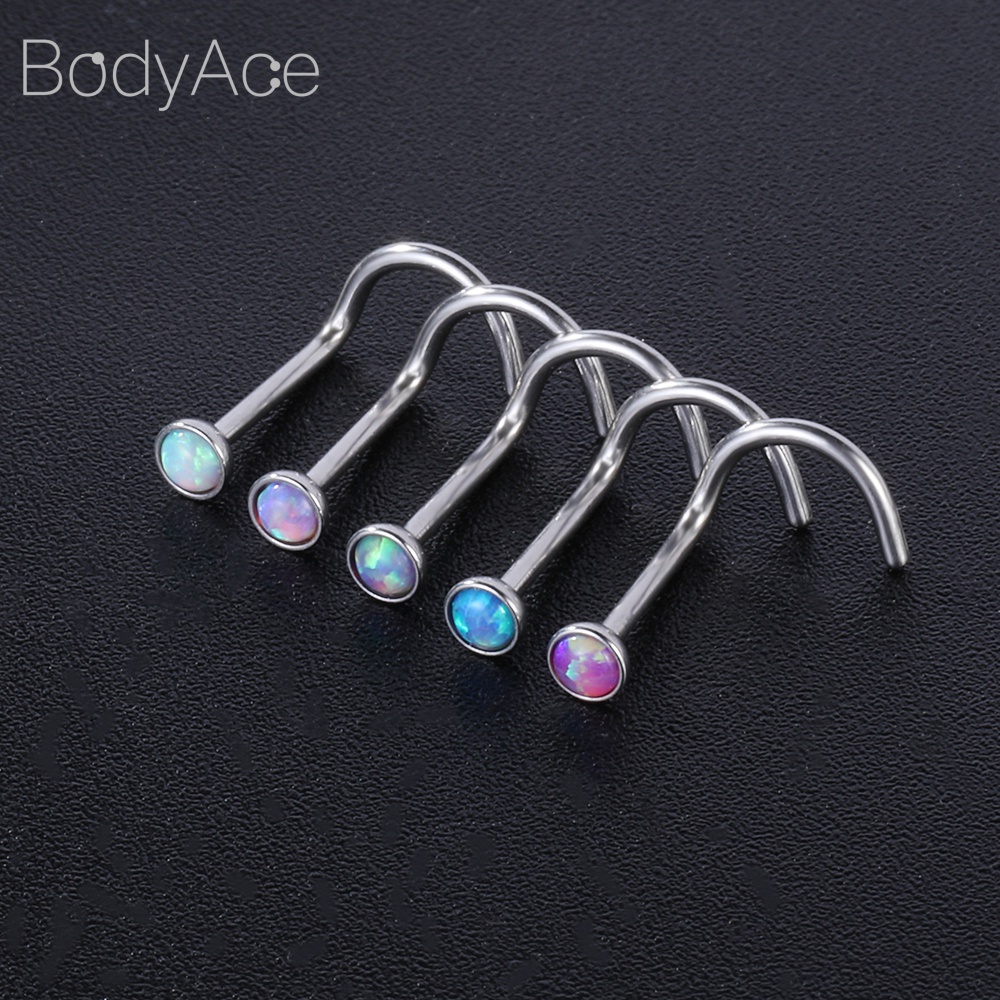 Set 5 Khuyên Xỏ Mũi Bằng Thép Không Gỉ Đính Đá Opal Thời Trang 20G
