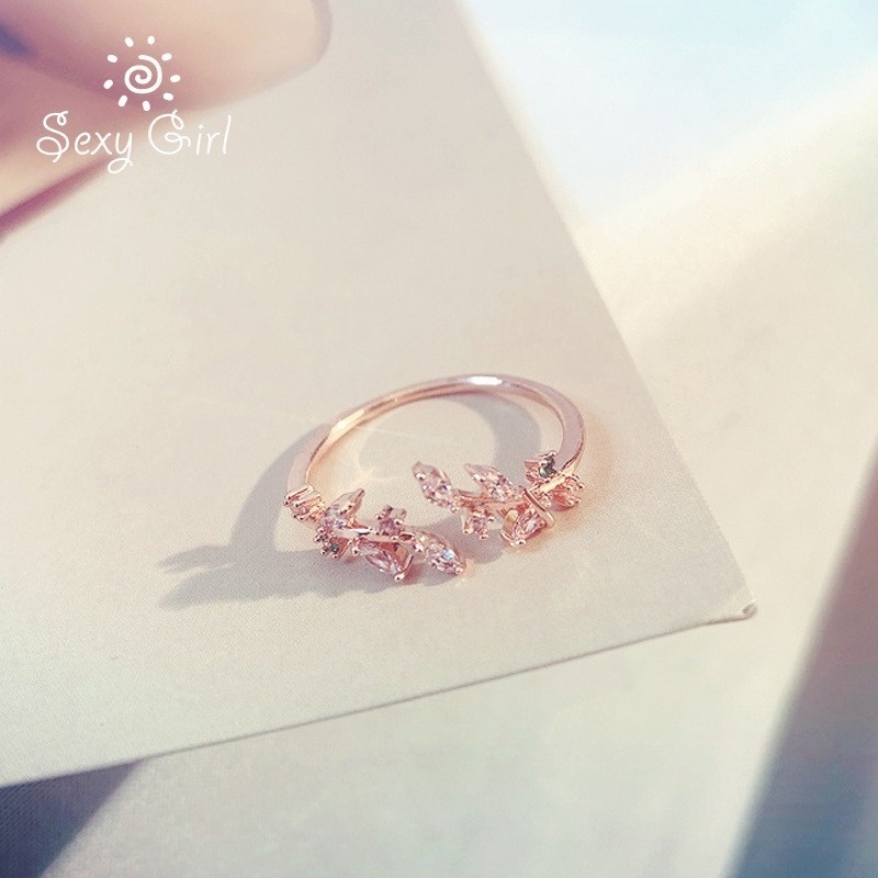 Nhẫn hở đính đá mạ bạc 925 hình chiếc lá thiết kế thời trang Hàn Quốc cho nữ