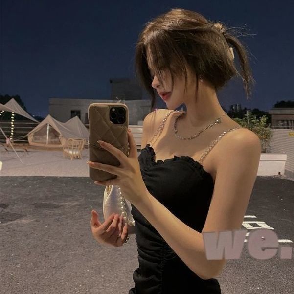 BLACK PLEATED retro small crowdsourced short skirt women's spring and summer new Hepburn versatile sling retro dress