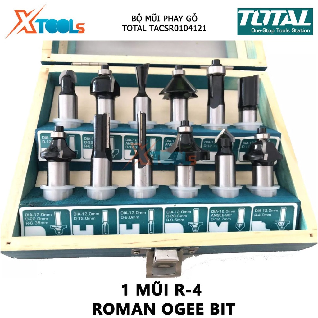 Bộ mũi phay gỗ TOTAL bộ 12 mũi phay soi gỗ Đường kính mũi từ 1/4&quot;(6.3mm)-1/2&quot; (12.7 mm), Gồm 3 mũi thẳng 6mm, 12mm, 16mm