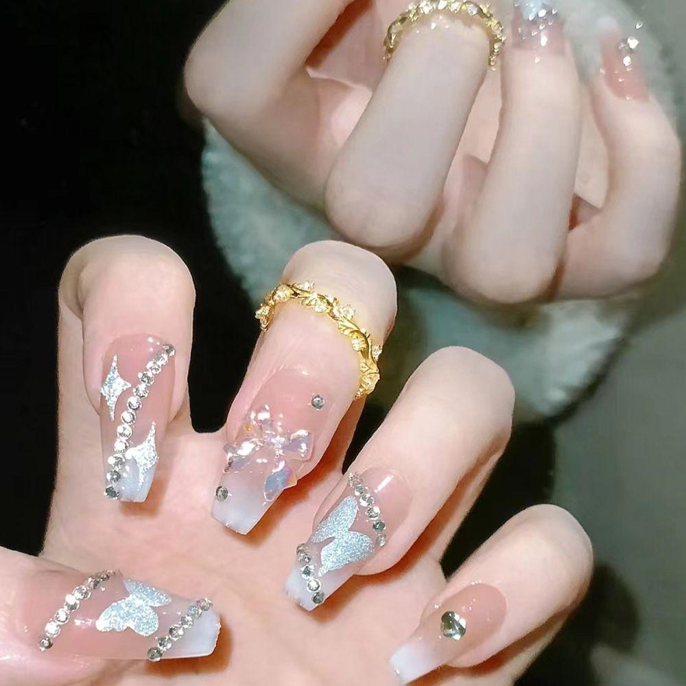 MIHAN1 Bộ 24 Móng Tay Giả Đính Hoa Hồng Hồng Lấp Lánh