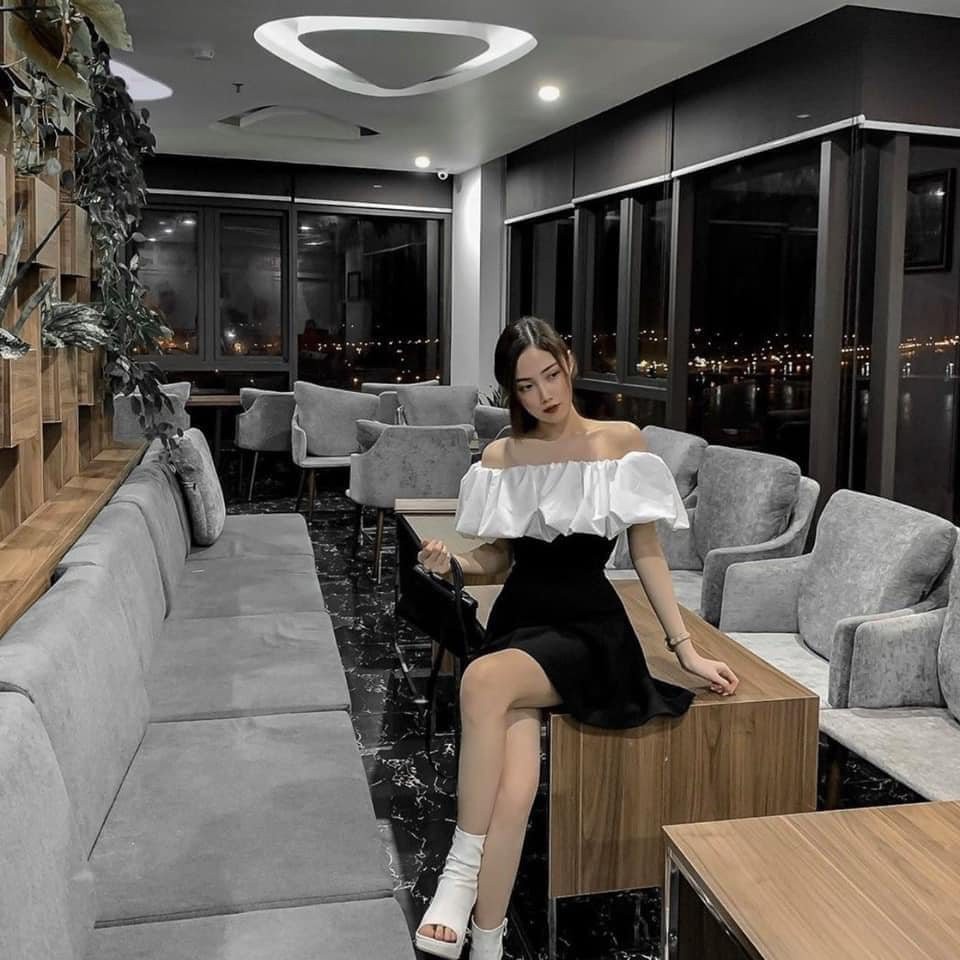 ĐẦM ANGELA TRỄ VAI PHỐI MÀU TRẮNG ĐEN - Váy Nữ Trễ Vai Bèo Trắng - ĐẦM ĐEN XOÈ BỆT VAI