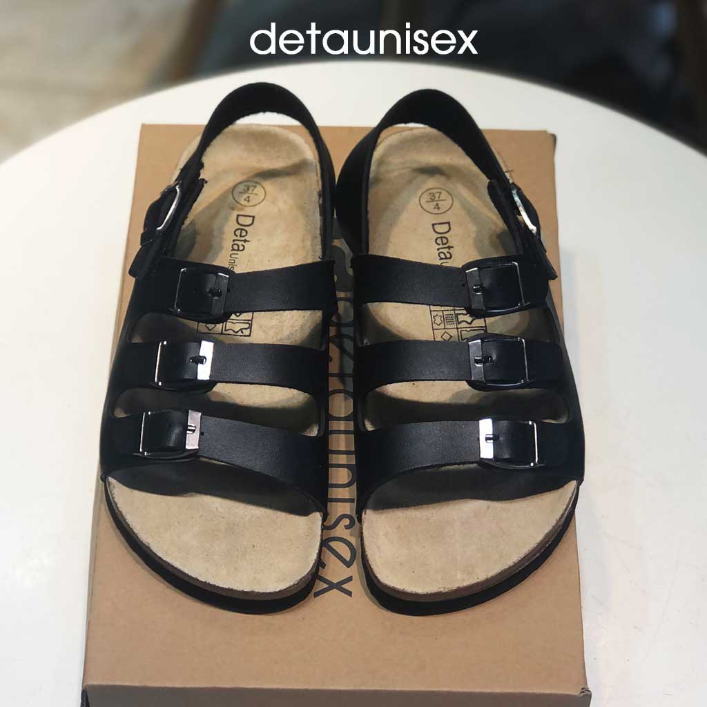 Dép đế trấu sandal quai ngang 3 khóa nam nữ Birken thời trang cá tính Detaunisex - màu Đen - SATA31D