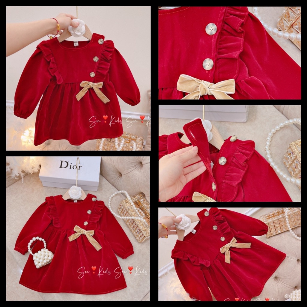 Váy nhung babydoll thắt nơ xinh xắn cho bé gái 8- 15kg