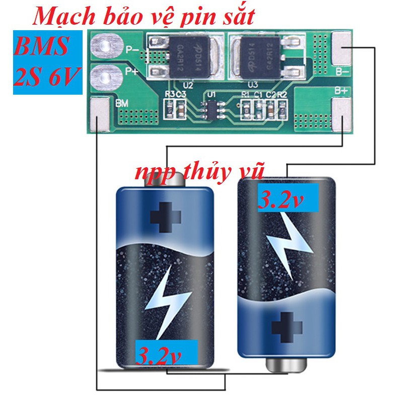 mạch sạc cân bằng lithium - BMS bảo vệ 2S 6V pin 32650 3.2V-20A