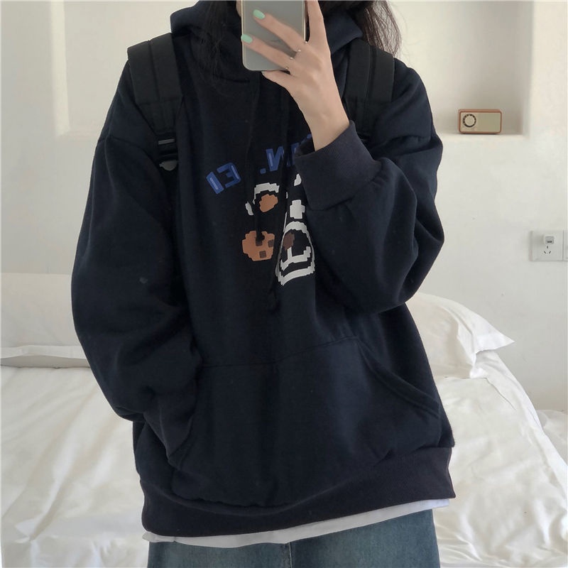 Áo Hoodie Dáng Rộng In Hoạt Hình Phong Cách Harajuku Hàn Quốc Thời Trang Mùa Đông Cho Nữ