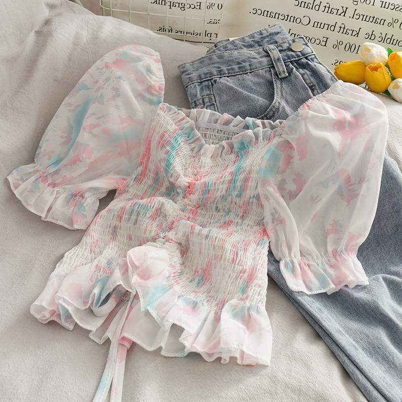 Áo Chiffon Cổ Vuông Tay Phồng Phối Dây Rút Họa Tiết Tranh Sơn Dầu Phong Cách Thời Trang Mới 2022
