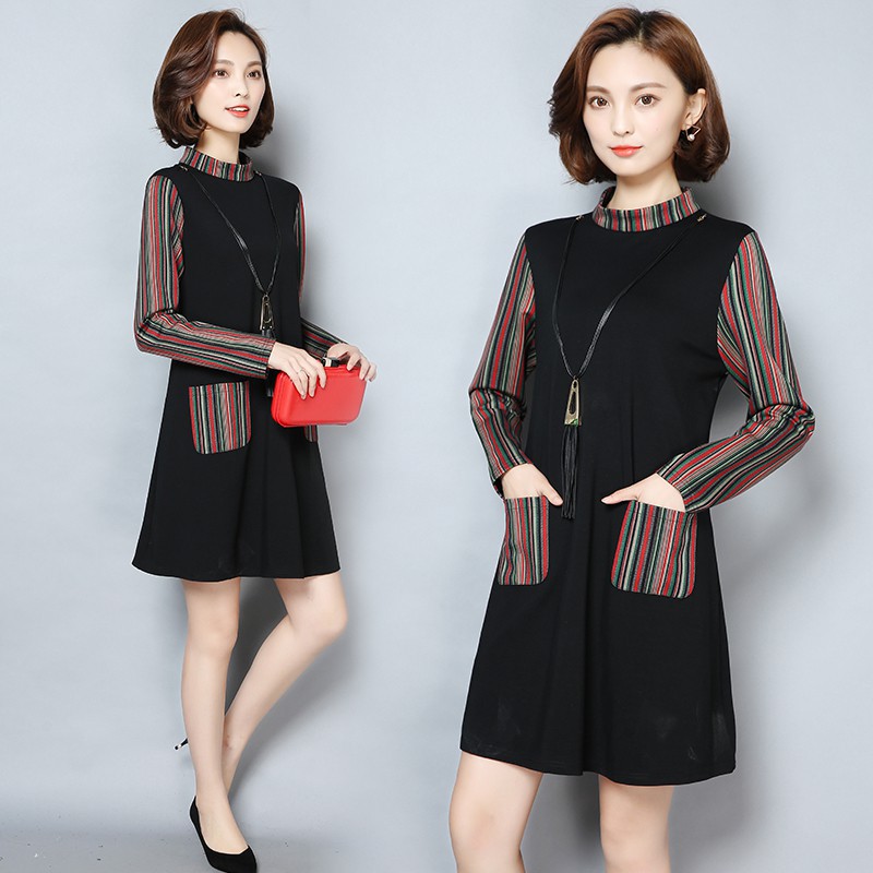 Đầm suông big size quảng châu tay kẻ sọc 2 túi ( có hình thật ) (QC chính góc)