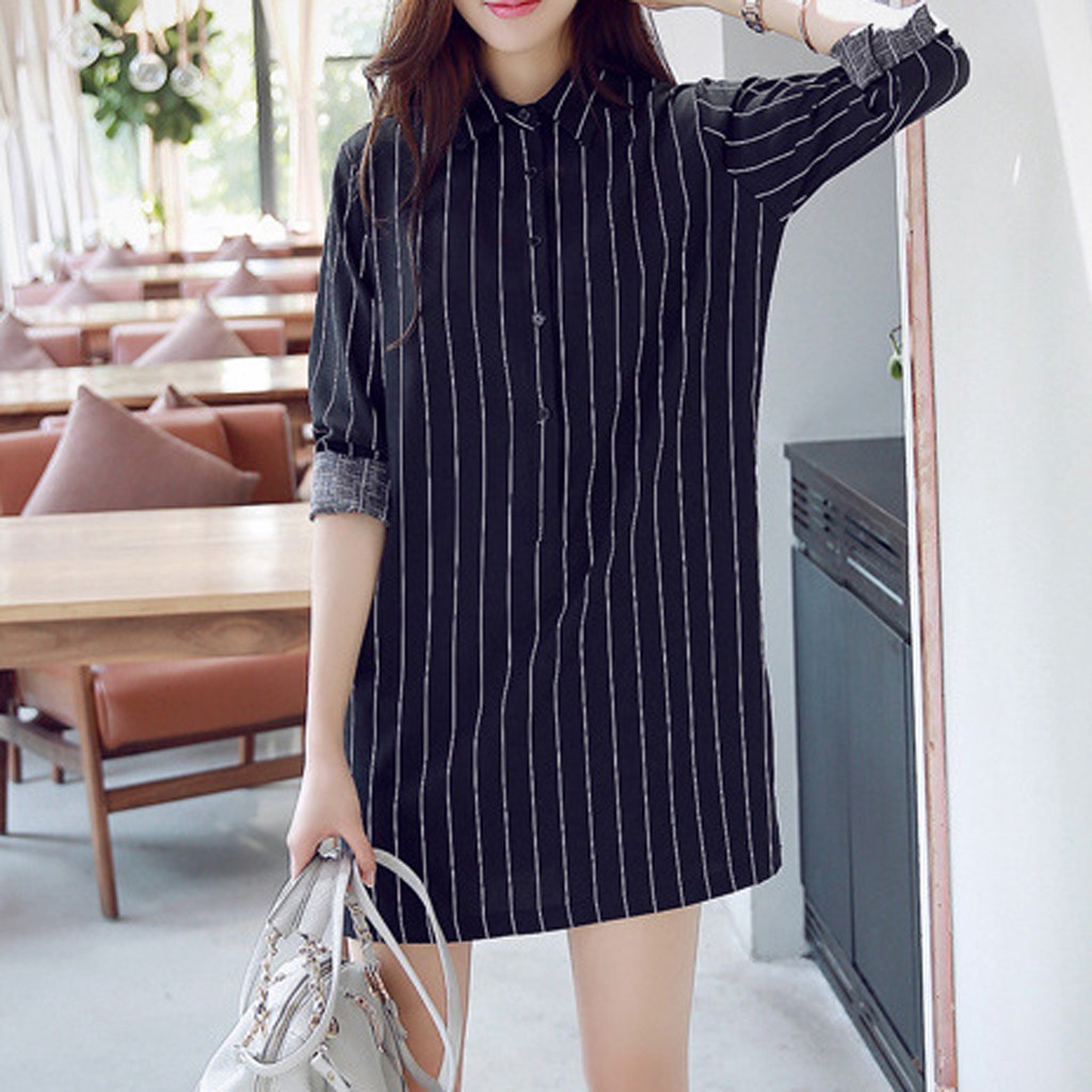 Đầm sơ mi dài tay họa tiết kẻ sọc thanh lịch dành cho nữ size S-XXL | BigBuy360 - bigbuy360.vn