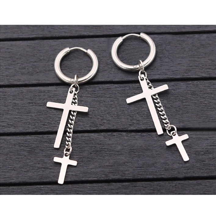 Khuyên Tai Bông Tai Nam Nữ Dáng Dây Chữ Thập Thép Titan Không Gỉ