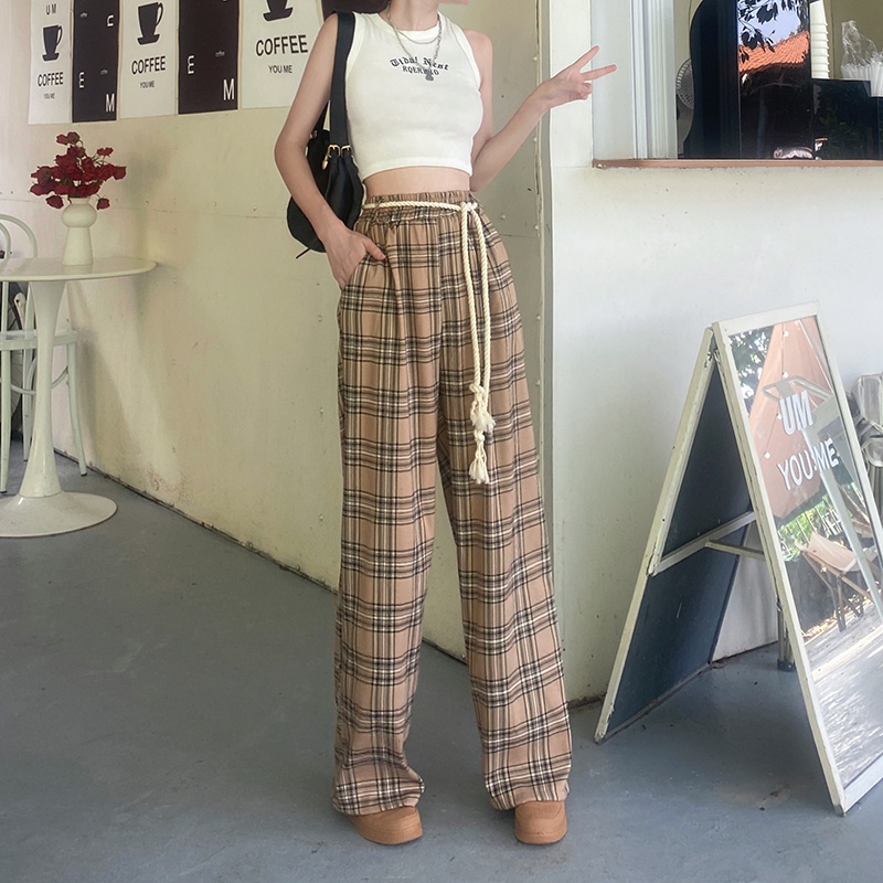 Quần dài SUXI lưng cao ống rộng họa tiết sọc caro phong cách vintage thời trang cho nữ