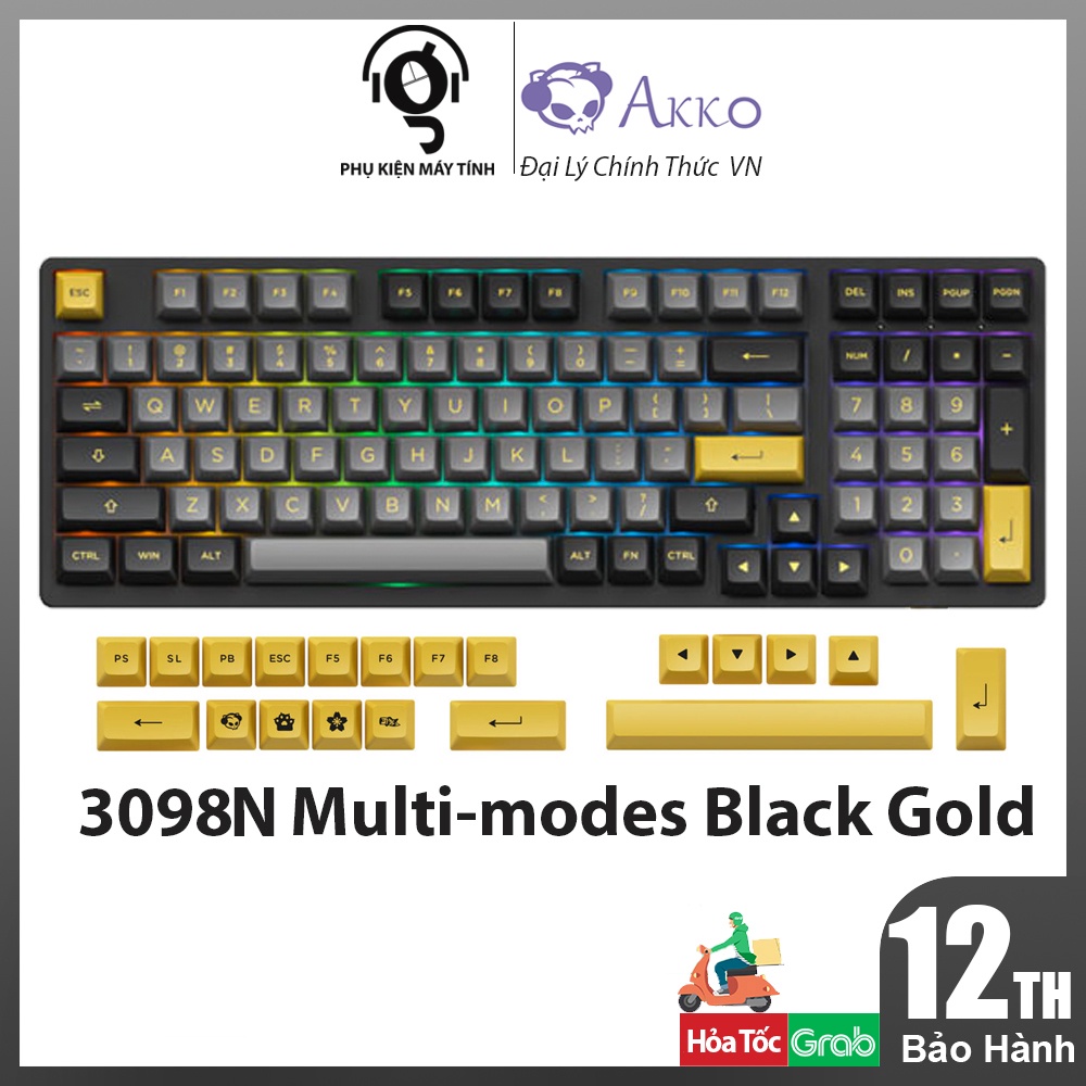 Bàn phím cơ AKKO 3098N Multi-modes Black Gold (Bluetooth 5.0 / Wireless 2.4Ghz / Hotswap / Foam tiêu âm / Foam đáy)