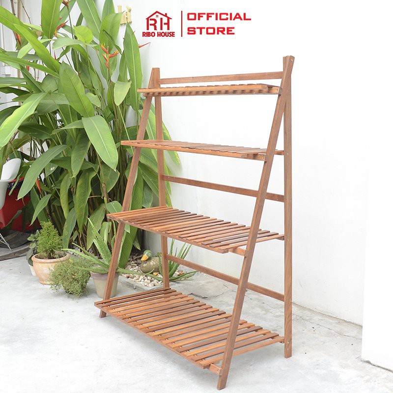 Kệ gỗ lim đa năng để chậu hoa cây cảnh RIBO HOUSE bonsai shelves 4FXL 100cm chống mối mọt sơn chống thấm RIBO97