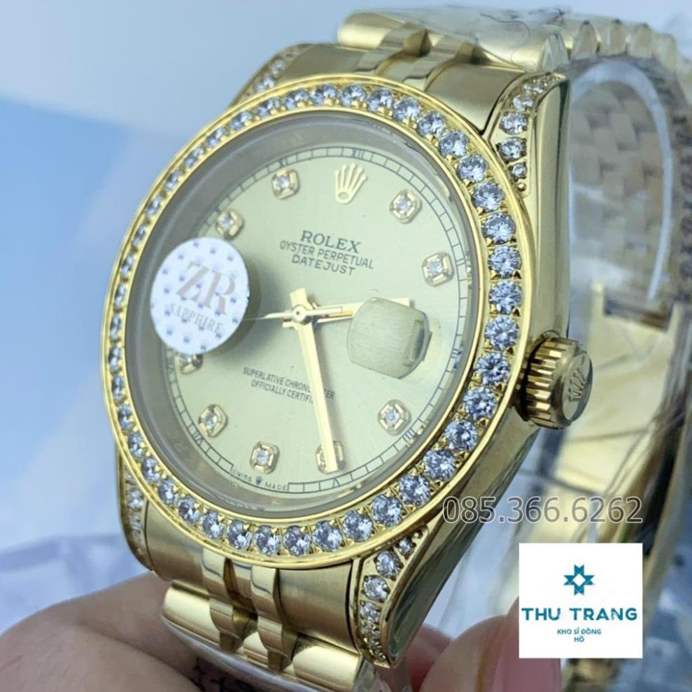 Đồng hồ nam Đồng hồ cơ Rolex mẫu mặt vàng Viền và Tai quai đính đá size 40-41mm