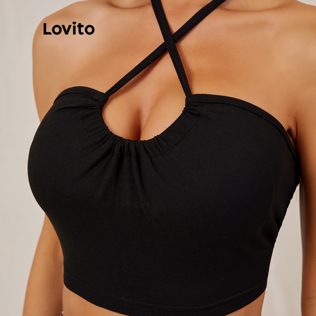 Áo sát nách Lovito mùa hè ôm vừa vặn cổ yếm màu trơn phong cách cơ bản thường ngày L18D134 (Màu đen)