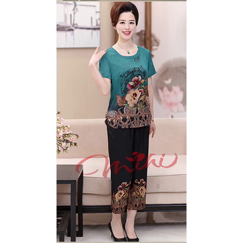 Bộ đồ trung niên nữ chất lụa đẹp B58, quần áo ngủ mặc nhà thời trang mùa hè cao cấp sang trọng cho mẹ, bà người lớn tuổi