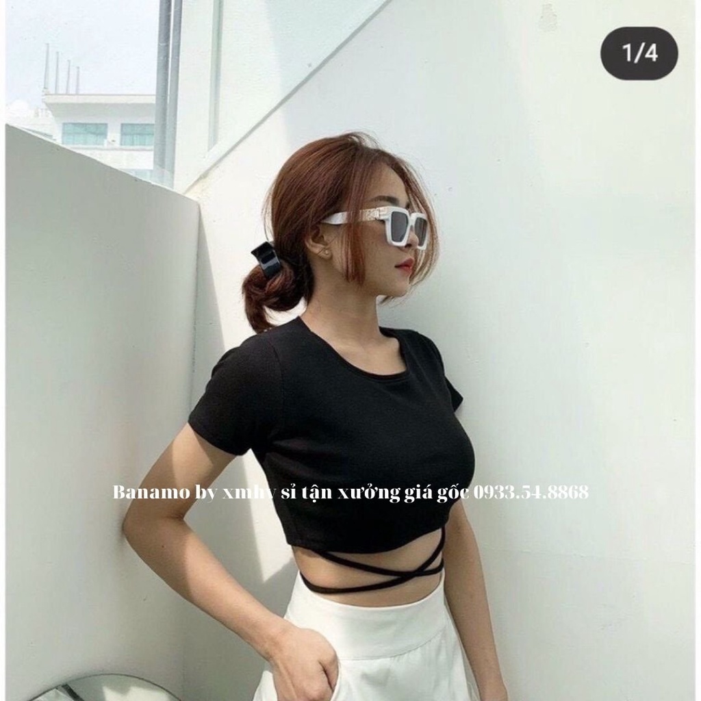Áo nữ croptop cộc tay buộc dây eo Banamo Fashion áo croptop cộc tay buộc dây eo 3123